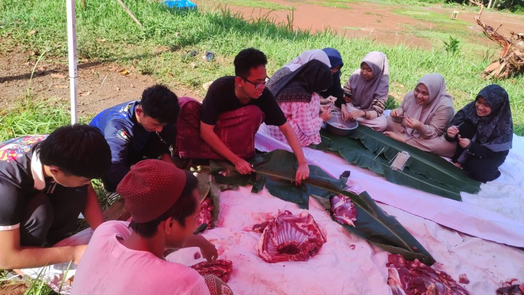 Para santri sedang memotong hewan qurban setelah di sembelih, Foto; Firdaus